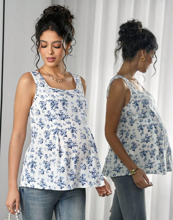 Blue & White Floral Print Maternity Tops