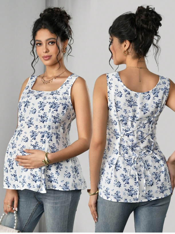 Blue & White Floral Print Maternity Tops