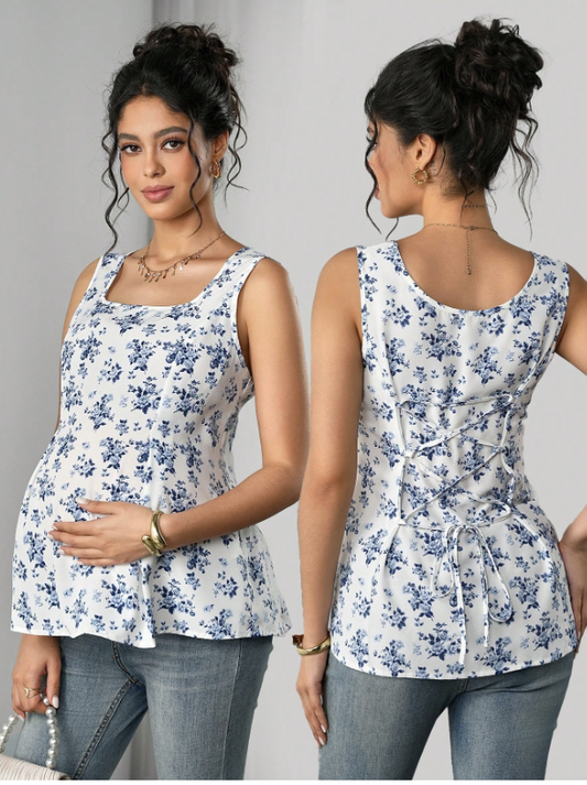 Blue & White Floral Print Maternity Tops