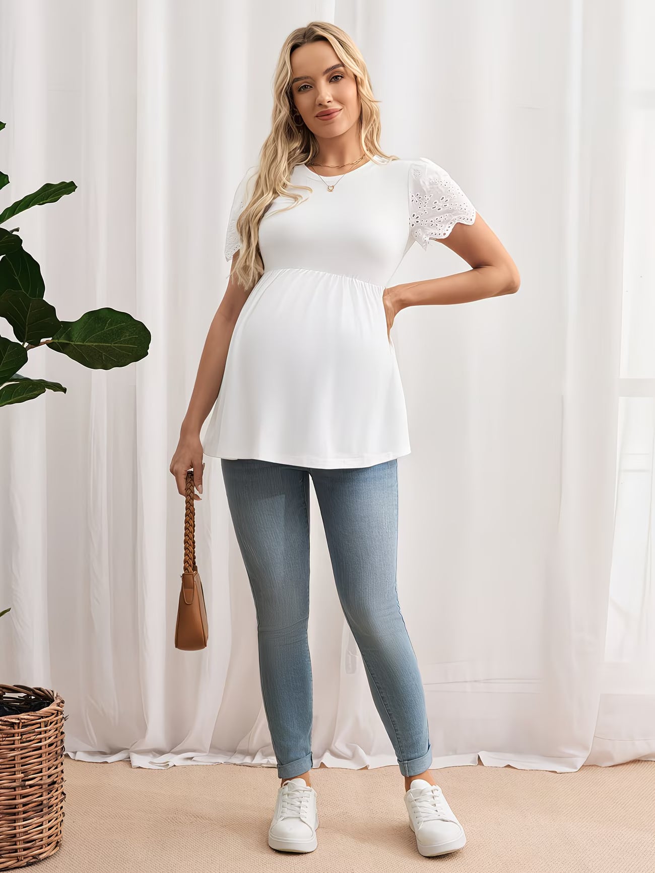 Embroidered Lace Trim Sleeves Maternity Top
